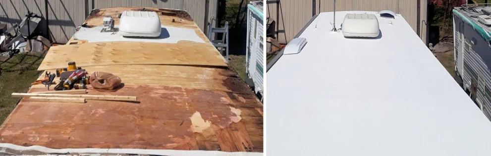 Lagoon-thunderstorm roof-seam ingress repair on a fifth-wheel at Vero Beach Kamp on N US-1