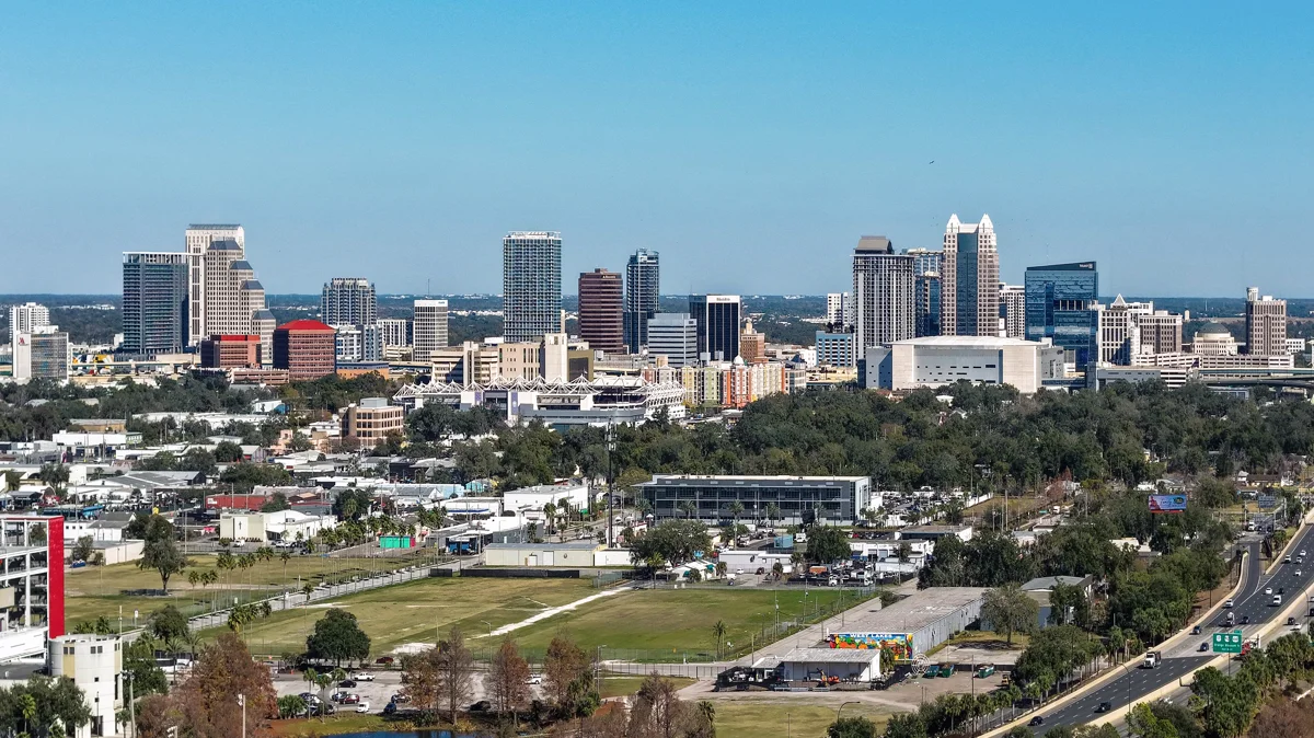 Downtown Orlando skyline over Lake Eola in Central Florida