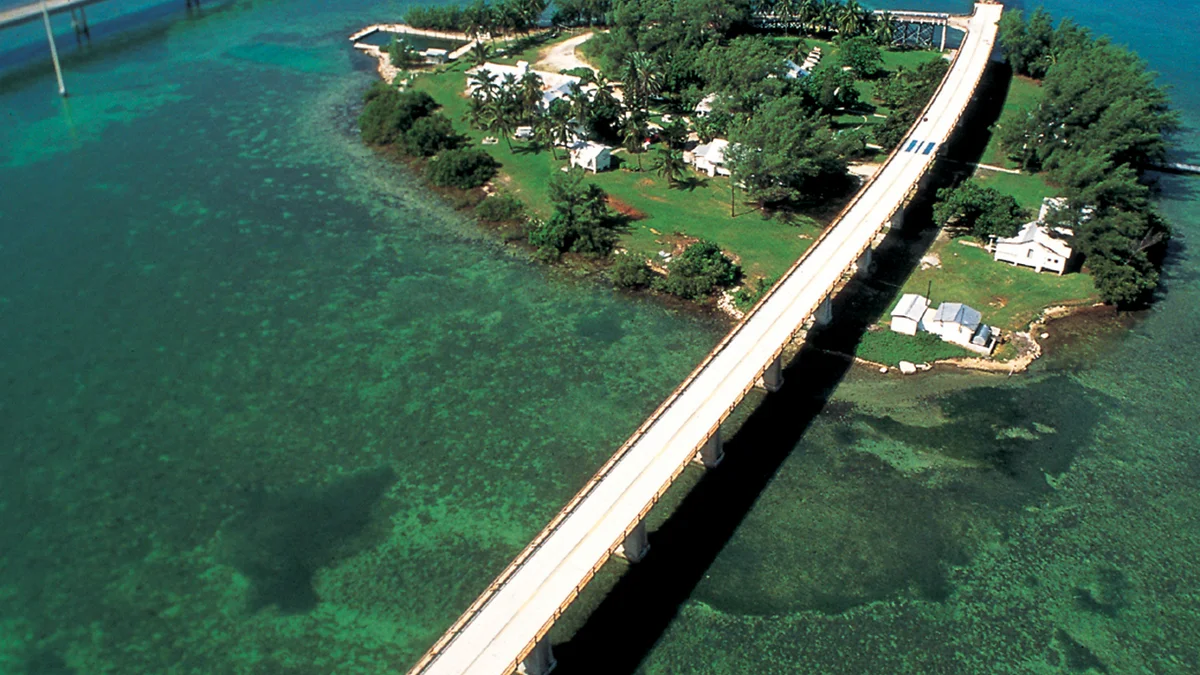 Seven Mile Bridge connecting the Middle and Lower Florida Keys above clear Atlantic water