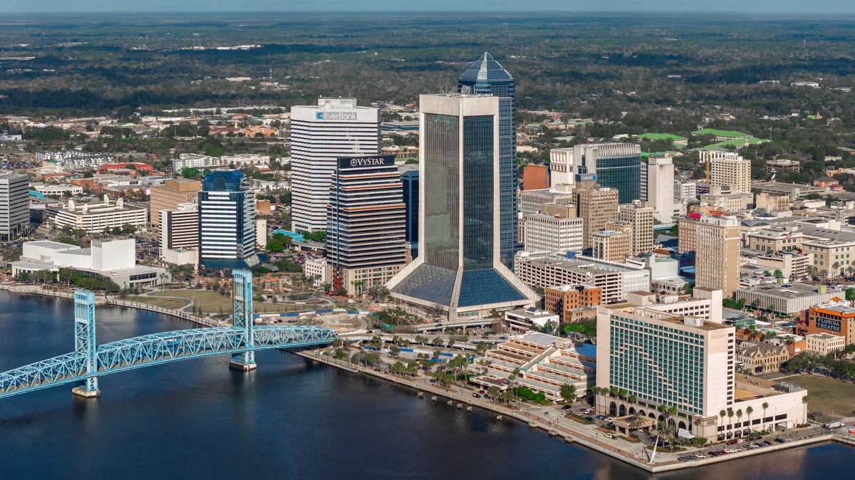 Jacksonville Florida skyline along the St. Johns River in Northeast Florida