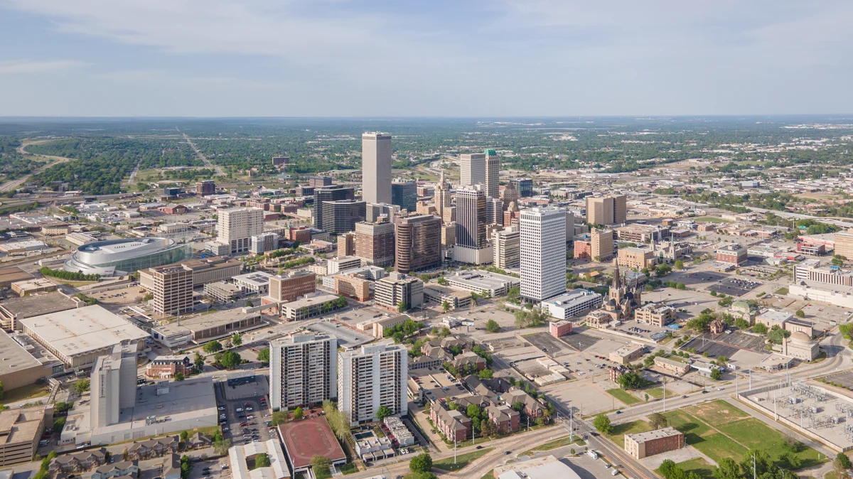 Tulsa Oklahoma downtown skyline along the Arkansas River in Northeast Oklahoma