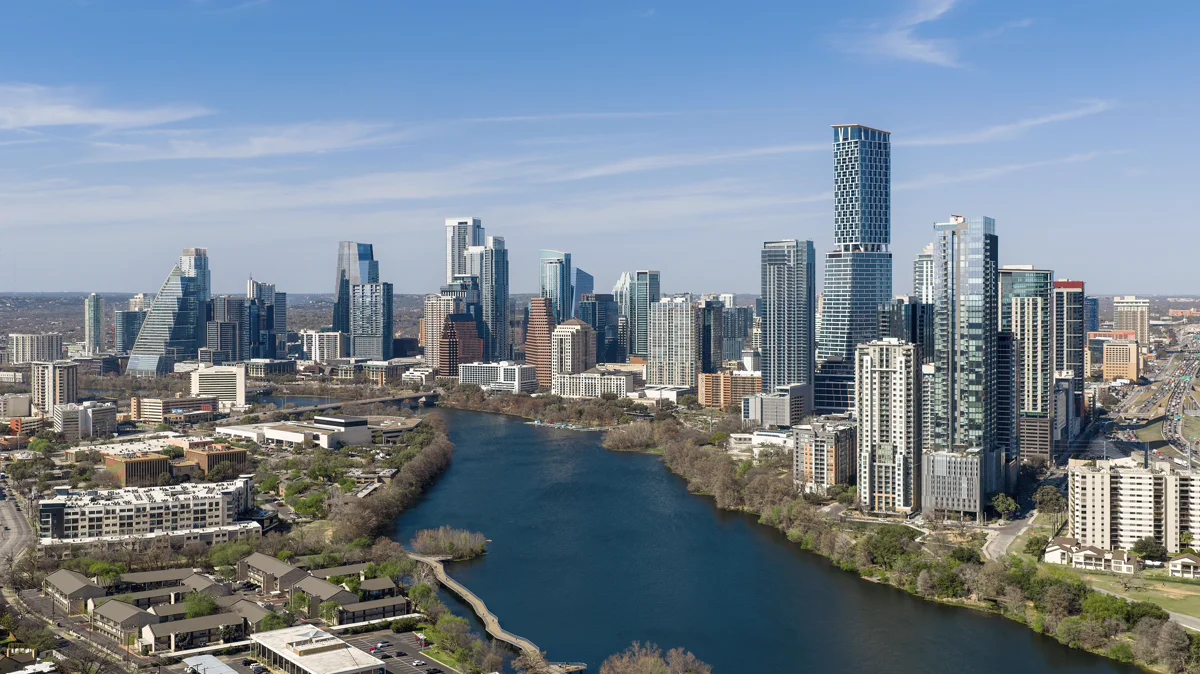 Lady Bird Lake and the downtown Austin skyline in the I-35 Central Texas corridor