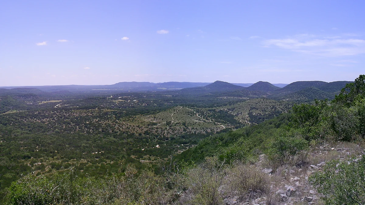 Texas Hill Country panorama looking out over Kerr County's rolling oak-cedar landscape