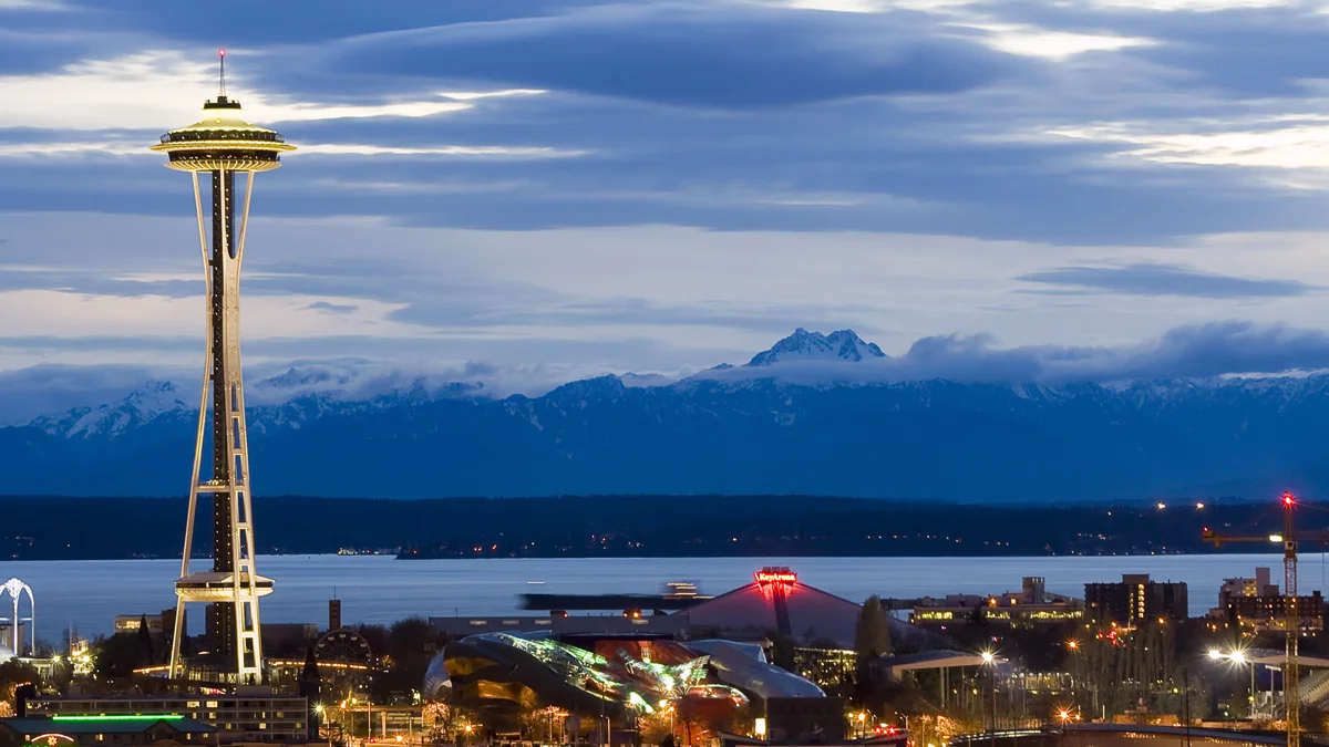 Seattle Center and the Space Needle over downtown Seattle on central Puget Sound