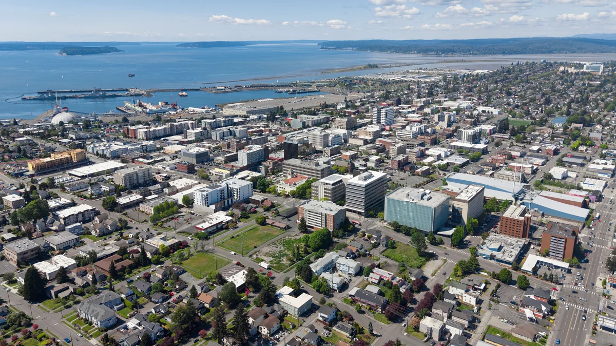 Everett Washington waterfront and the Snohomish River delta on the north Puget Sound