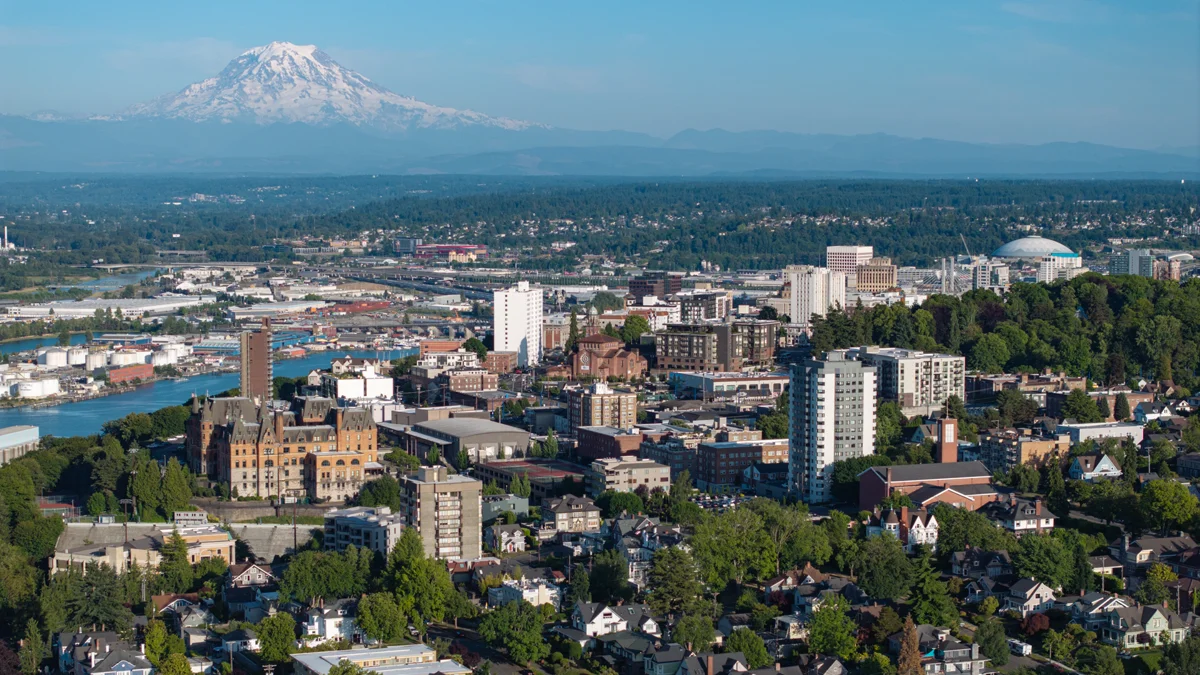 Tacoma Washington downtown skyline and Commencement Bay on the South Sound