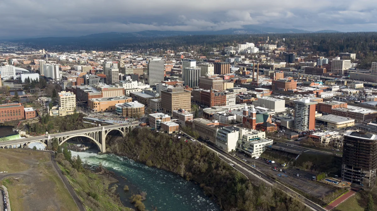 Downtown Spokane Washington skyline along the Spokane River in Eastern WA